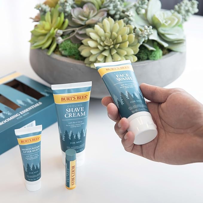 Burt's Bees Gifts Ideas - Grooming Essentials Kit, 4 Products for Men - Cooling Face Wash, Shave Cream, Soothing Moisturizer After Shave & Original Beeswax Lip Balm-Velvo Beauty