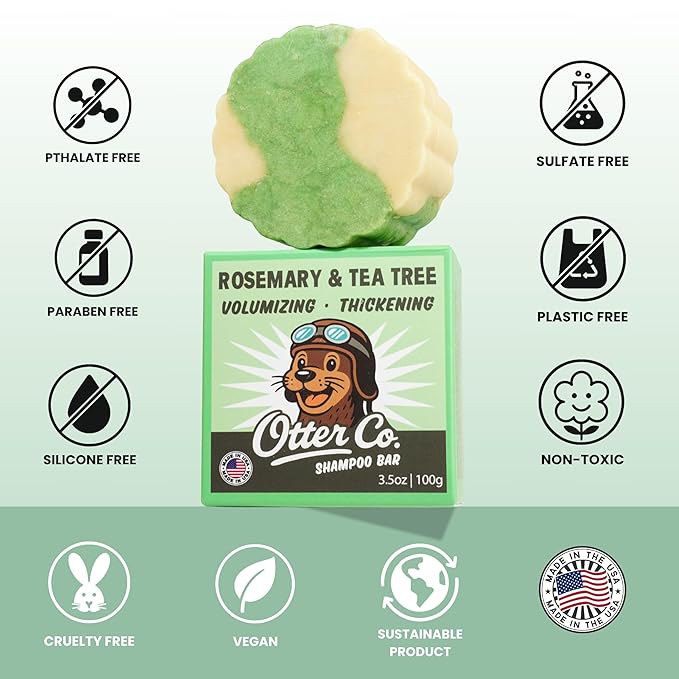 Otter co. Tea Tree and Rosemary Volumizing and Thickening Shampoo Bar - Olive Oil, Green Tea, Nettle, Zinc – Vegan, Sulfate Free & Non Toxic – Women and Mens Shampoo, All Hair Types, Made in USA-Velvo Beauty
