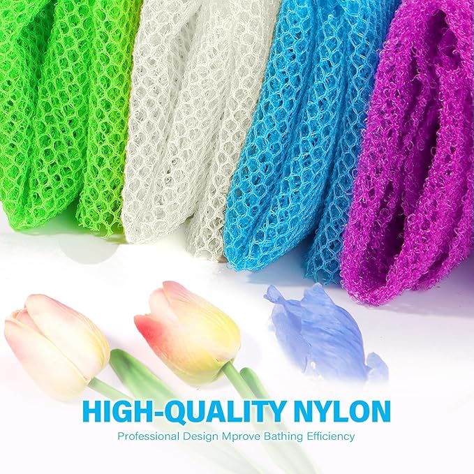 UJFQBH 4 Pieces African exfoliating net African Net Long Net Bath Sponge Exfoliating Shower Body Scrubber Back Scrubber Skin Smoother,Great for Daily Use (Purple, Blue, Green, White)-Velvo Beauty
