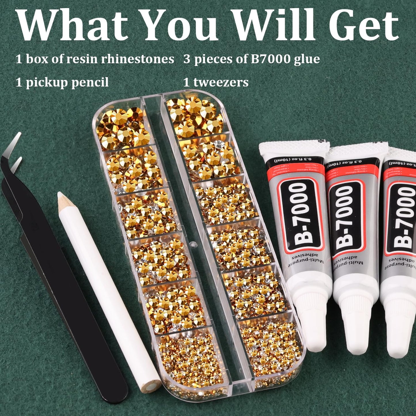 Resin Rhinestones for Crafting with B7000 Jewelry Glue, 1 Box Gold Flatback Crystals with 3Pcs 10ml Glue for Bedazzling Crafts DIY Nail Art Makeup,Non Hotfix Gems for Clothing Shoes-Velvo Beauty