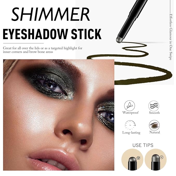 Black Shimmer Eyeshadow Stick, Waterproof Cream Eye Shadow Pencil Long-Lasting Crease-Proof Glitter Eyeshadow Crayon Smooth High Pigmented Highlighter Blendable Neutral Eye Shadow Liner Makeup-Velvo Beauty