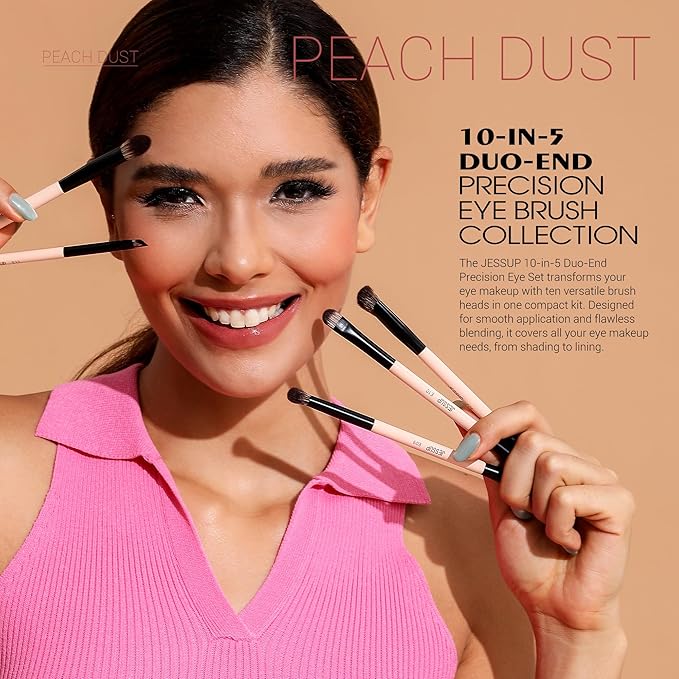 Jessup Makeup Brushes 5pcs Double Ended Eyeshadow Brush Contour Blending Eyeliner Eye Shader Brush, Vegan Fiber Precision Eye Brush Set Peach Dust T509-Velvo Beauty