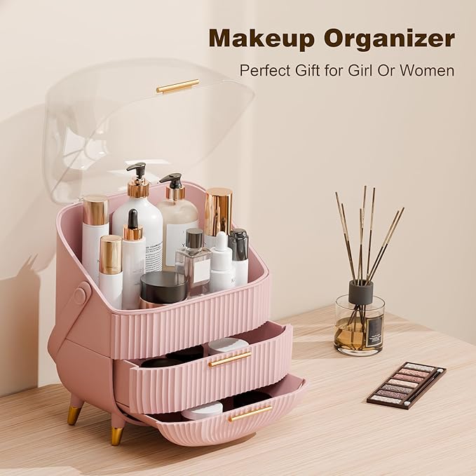 Makeup Organizer for Vanity Cosmetics Skincare Organizers with Lid and Drawers Display Cases for Countertop (Pink)-Velvo Beauty