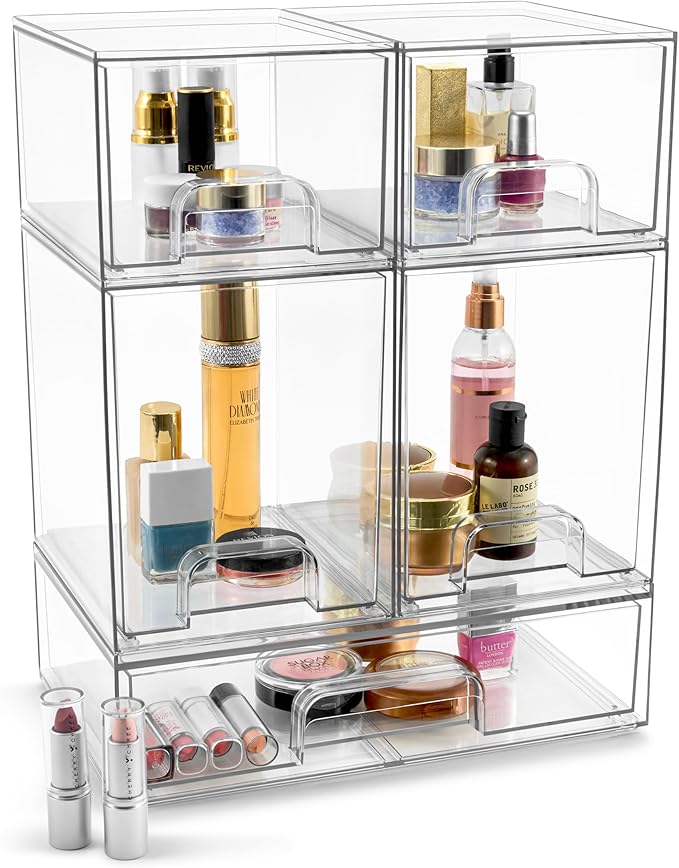 Sorbus Acrylic Storage Containers - 5 Pack, Stackable Storage Bins Set for Bathroom Organization - Clear Acrylic Drawer Organizers - Makeup Case Pull-Out Drawers (7.6’’ and 4.4’’ Tall and 12.1’’ Wide)-Velvo Beauty