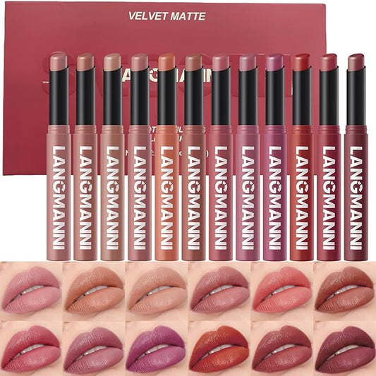 Jolilab 12Pcs Velvet Matte Lipstick Nude Matte Soft Dark Color Stick High Pigmented Long-Lasting Waterproof Lip Stick Lip Balm Beauty Cosmetics Gift for Girls and Women(01#-12#)-Velvo Beauty