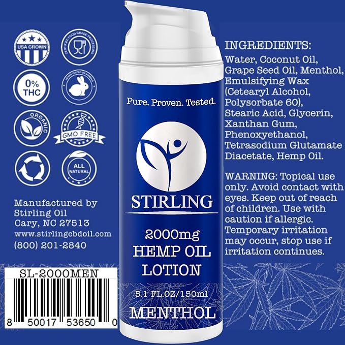 STIRLING Menthol Lotion + Hemp Oil β Maximum strength relief with cooling menthol and 100% pure hemp oil to soothe joints, relax muscles, and hydrate with aloe vera. 5 fl oz. (2000mg, Menthol)-Velvo Beauty