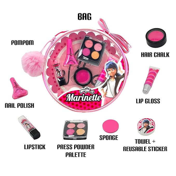 Miraculous Ladybug Kids Makeup Set - 10 Piece Bag with Nail Polish, Hair Chalk, Stickers & More - Safe, Non-Toxic Pretend Play Cosmetics - Marinette Themed Makeup Kit for Children-Velvo Beauty