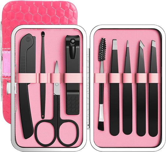 Tweezers Set, Hyxhappy 9 pcs Professional Stainless Steel Tweezer Kit for Women Facial Hair, Precision Plucke Tweezers with Luxurious Travel Case for Ingrown Hair Removal-Velvo Beauty