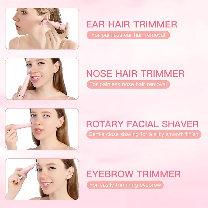 Nose Hair Trimmer for Women, 3in1 Electric Eyebrow Trimmer Waterproof Facial Hair Removal Rechargeable Hair Shaver Razor for Nose Ear Eyebrow Peach-Fuzz Lips Chin FT3001 Pink-Velvo Beauty