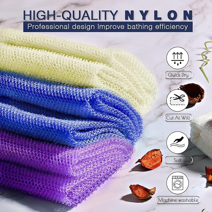 UJFQBH 3 Pieces African Bath Sponge African Net Long Net Bath Sponge Exfoliating Shower Body Scrubber Back Scrubber Skin Smoother,Great for Daily Use (Purple,Blue,Off-White)-Velvo Beauty