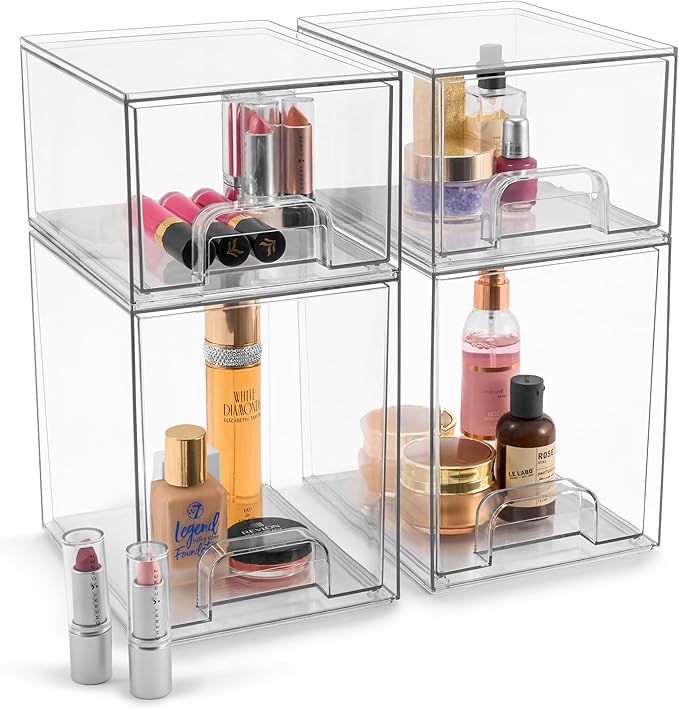 Sorbus Acrylic Storage Containers - 4 Pack, Stackable Storage Bins Set for Bathroom Organization - Clear Acrylic Drawer Organizers - Makeup Case Pull-Out Drawers (7.6’’ and 4.4’’ Tall)-Velvo Beauty
