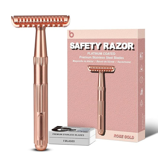 Matte Rose Gold Double Edge Safety Razor, Single Blade Razors for Women and Men, with 10 Stainless Steel Safety Razor Blades, Reusable, Smooth and Close Wet Shaving Kit, Plastic Free-Velvo Beauty