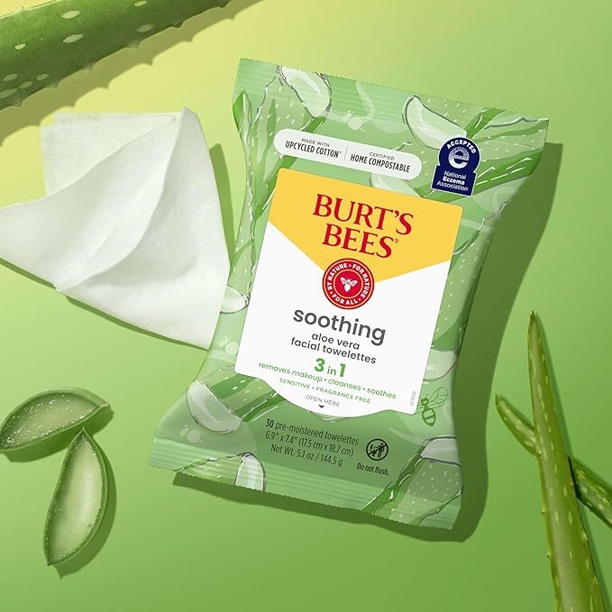 Burt's Bees Back To School Dorm Essentials, Aloe Vera Face Wipes, for Sensitive Skin, Soothing Makeup Remover & Facial Cleansing Towelettes, 30 Ct. (3-Pack)-Velvo Beauty