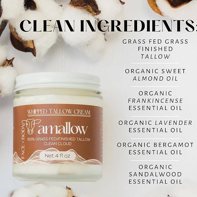 Amallow 100% Grass Fed Beef Tallow for Skin Care - Face + Body - Whipped Moisturizer - Natural Lotion, 4 FL. oz. (Clean Cloud)-Velvo Beauty