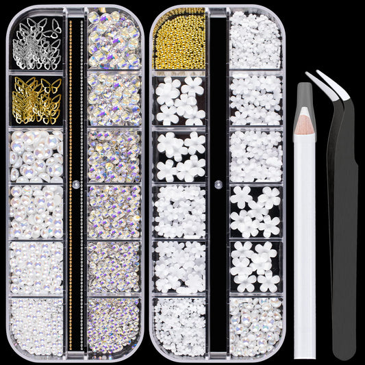 Mixed 3D Nail Art Gem Decoration Accessories Kit #9, Butterfly Starry AB Rhinestone Charm Jewelry for Deco, Pearl Flower Caviar Bead Stone Crystal with Pickup Pencil and Tweezer-Velvo Beauty
