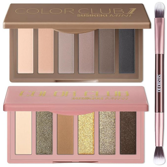 2PCS 6 Colors Mini Naked Eyeshadow Palette Makeup with Brush Set Neutral Nude Eye Shadow Brown & Olive-colored Matte Shimmer Make Up Pallet with Mirror Highly Pigmented Travel Size Gift Kit-Velvo Beauty