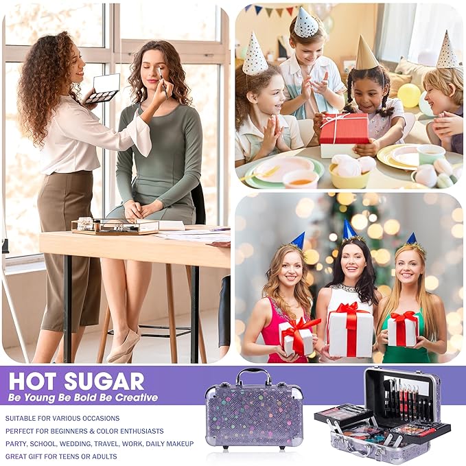 Hot Sugar Makeup Kit for Girls 10-12, Teen Girls Makeup Set for Beginners With Eye Shadow Palette, Blush, Lip Gloss, Brush, Mirror (Colored Bubble)-Velvo Beauty