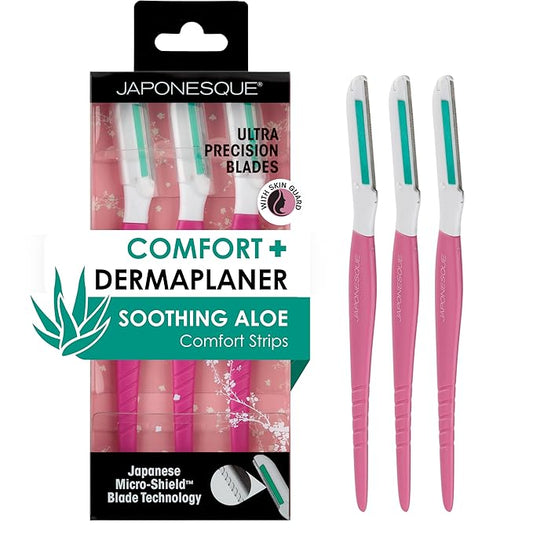 JAPONESQUE Dermaplaner with Soothing Aloe Comfort Strip - Skin Tool with Ultra Precision Blade for Facial Hair Removal and Exfoliation, 3pk.-Velvo Beauty