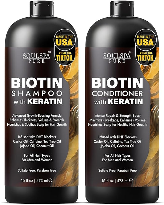 Biotin Shampoo and Conditioner Set with Keratin - Sulfate-Free Advanced Anti-Thinning, Hair Growth Shampoo and Conditioner Combo Repair Formula - with DHT Blockers, for Men & Women - 16 fl oz each-Velvo Beauty