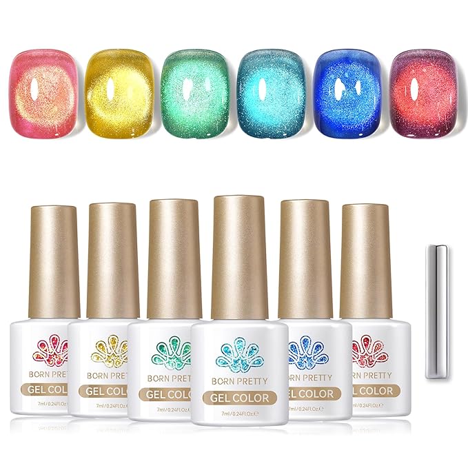 Born Pretty Cat Magnetic Eye Gel Nail Polish Spring Summer Neon Shimmer Glitter Holographic Aurora Rainbow Cat Magnetic Gel Polish Nail Art Manicure DIY at Home 6PCS-Velvo Beauty