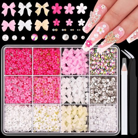 3D Nail Charms and Gems Set 5, 75PCS Chunky Coquette Pink and White Bow Nail Charms + Kawaii Cute 3D Flowers for Nails + Clear and AB Glass Rhinestones + Flatback Pearls for Y2K Acrylic Nail Design-Velvo Beauty