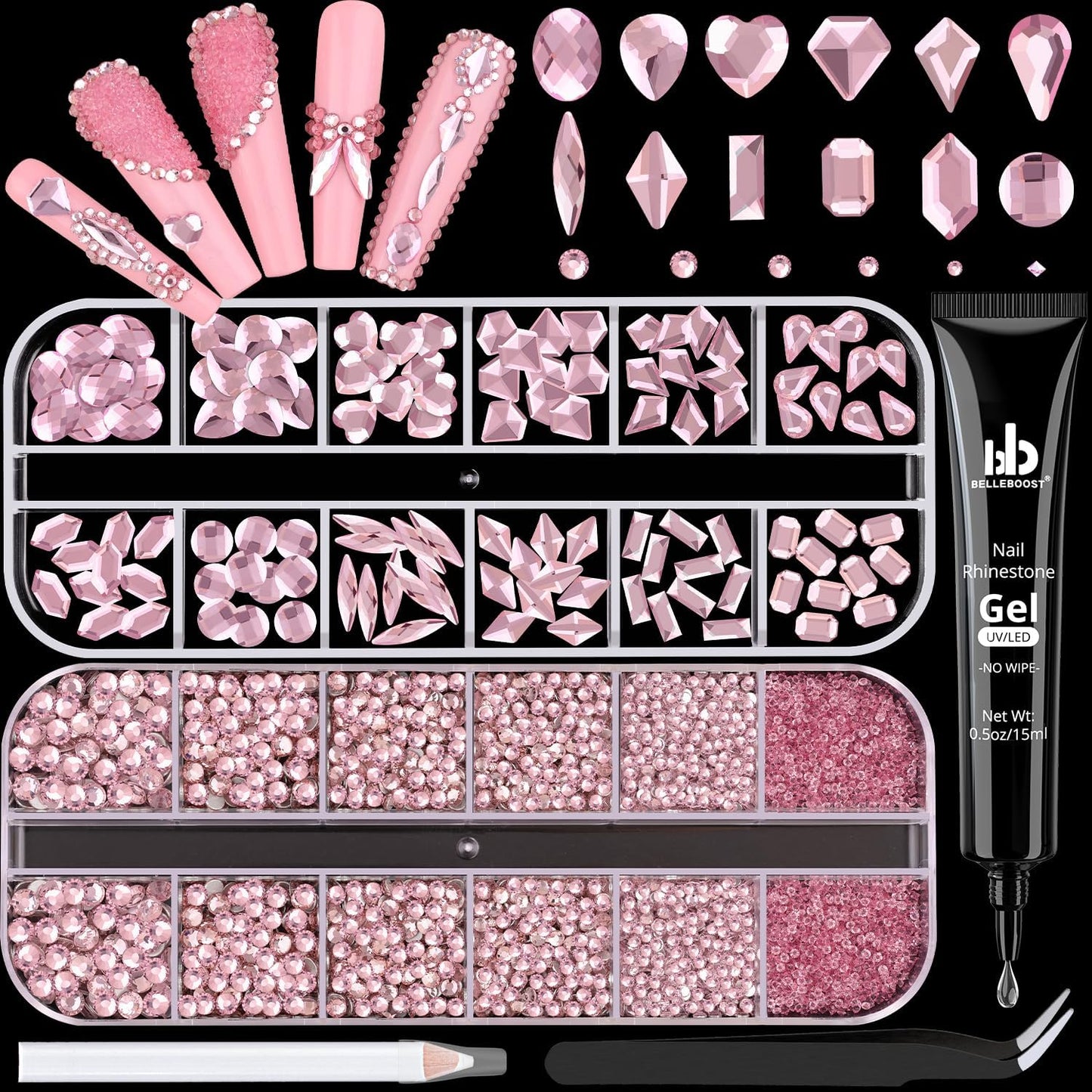 Pink Glass Nail Rhinestones - 2680pcs Multi-Shaped Flatbacks + 2560pcs Round Crystals with Glue Gel, Perfect for Nail Art-Velvo Beauty