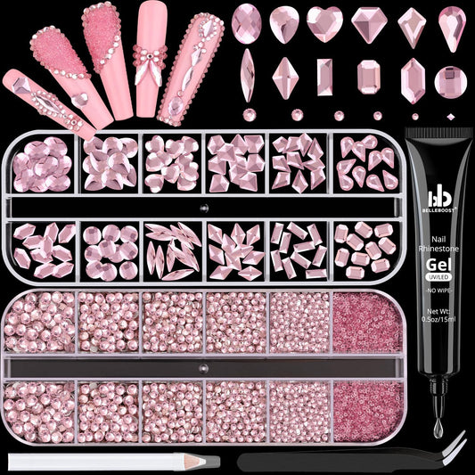 Pink Glass Nail Rhinestones - 2680pcs Multi-Shaped Flatbacks + 2560pcs Round Crystals with Glue Gel, Perfect for Nail Art-Velvo Beauty