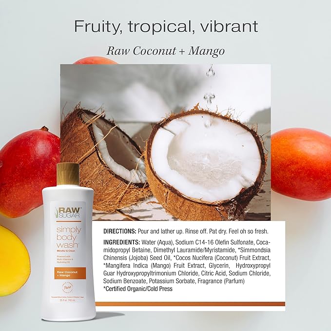RAW SUGAR Simply Body Wash - Raw Coconut + Mango, Moisturizing & Soothing Bath & Shower Gel, Sulfate-Free, Paraben-Free & Vegan (Pack of 3)-Velvo Beauty