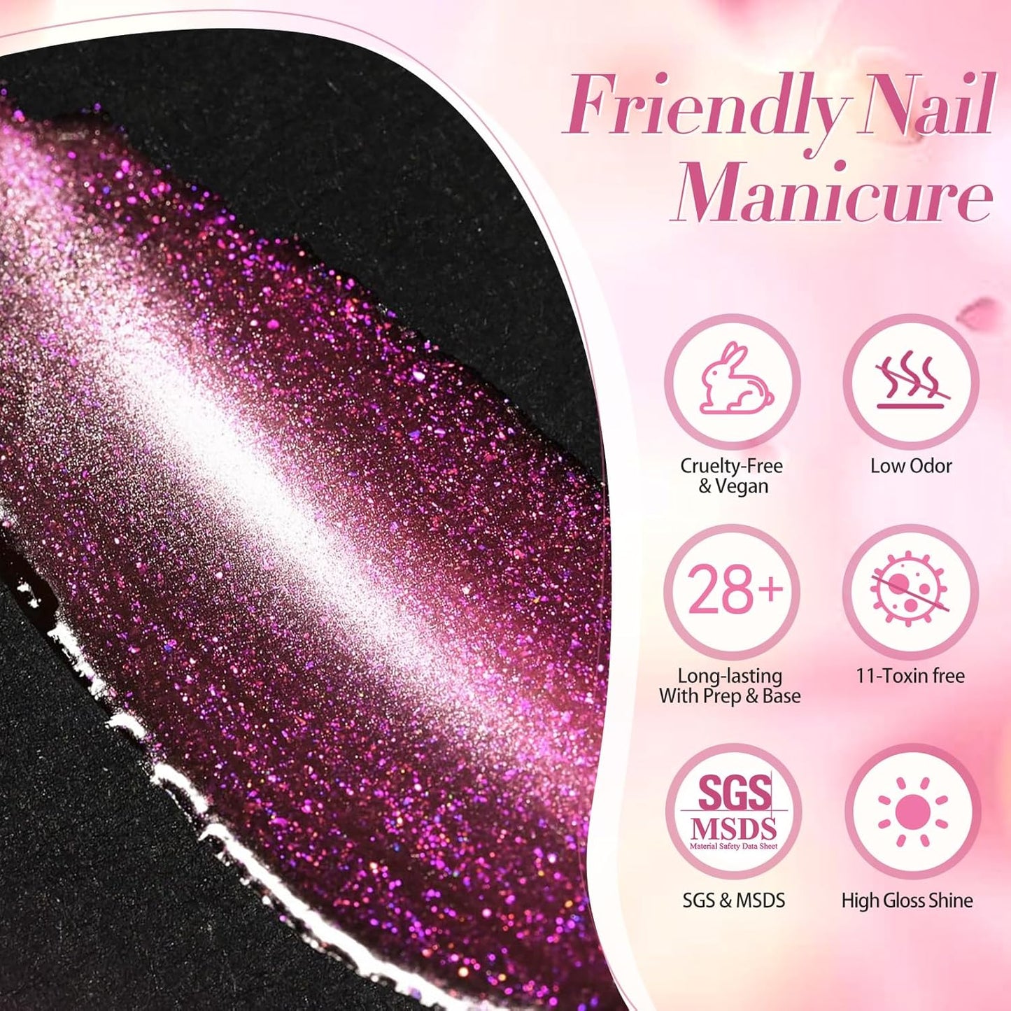 BORN PRETTY Cat Magnetic Eye Gel Nail Polish, Pink Glitter Cat Magnetic Gel Nail Polish, Midnight Rose Magnetic Nail Polish for Nail Art Manicure Salon DIY at Home 15ML-Velvo Beauty