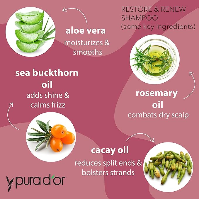 PURA D'OR Restore & Renew Shampoo and Conditioner Set for Strong, Healthy, and Nourished Hair with Organic Aloe Vera, Rosemary, Sea Buckthorn, Cacay, Coconut, Seaberry & Cedarwood-Velvo Beauty