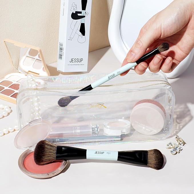 Jessup Makeup Brushes 2pcs Double Sided Foundation Brush Contour Brush Dual Ended Eye Blending Brush, Multi-functional Cosmetic Brush Bright Cyan T502-Velvo Beauty