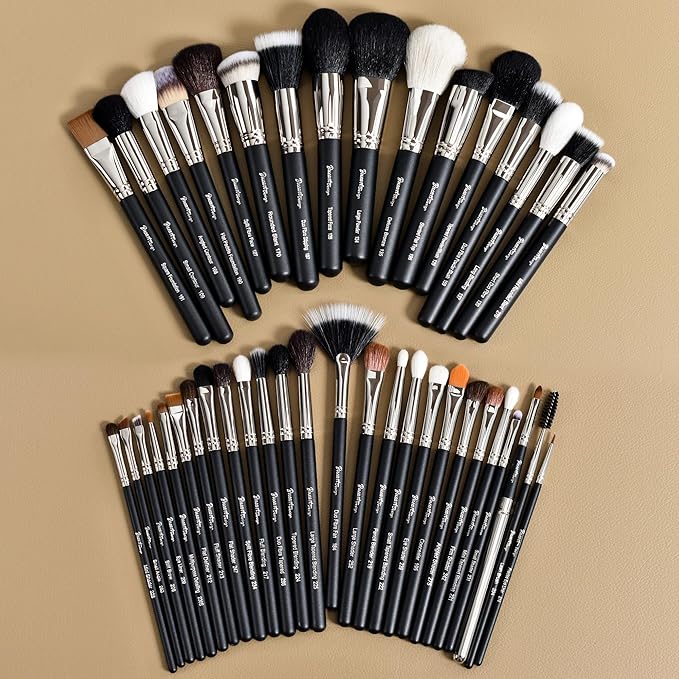 Makeup Artist MUST HAVES 42Pcs Makeup Brushes Set with Real Natural Goat Hair By BUEART DESIGN (42Pcs Matte Pearl Black)-Velvo Beauty