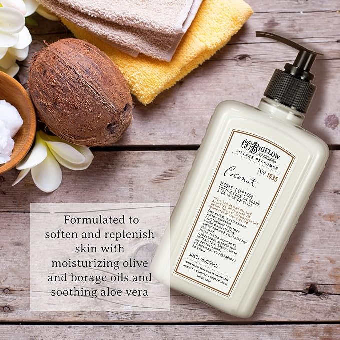 C.O. Bigelow Coconut Body Lotion, Village Perfumer Moisturizing Body Lotion with Aloe Vera, Borage Oil & Olive Oil, 10 Fl Oz-Velvo Beauty