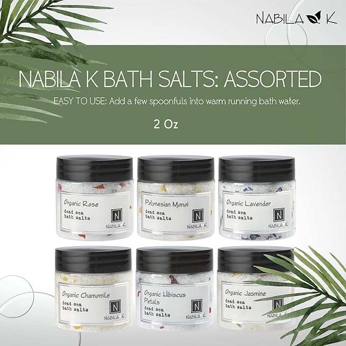 Assorted Bath Salts (Set of 6) by Nabila K - Dead Sea Salt & Epsom Salt Scrub & Soak - Exfoliates & Hydrates Skin, Botanical Essential Oils - Bubble Bath Accessories for All Skins Types, 2 oz-Velvo Beauty