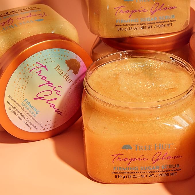Tree Hut Tropic Glow Shea Sugar Scrub, Exfoliates and Smooths for Soft, Radiant Glow, Warm Scent with Almond, Golden Amber, and Sandalwood, 18 oz-Velvo Beauty