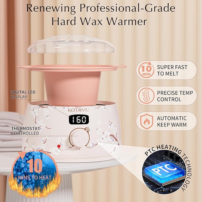 KOTAMU Waxing Kit for Women & Men, Wax Warmer for Hair Removal, Digital Wax Kit with Silicone Pot,Ideal for Face Eyebrow Arm Legs Armpit &Sensitive Skin, Cherry Waxing Machine for Home Salon Use-Velvo Beauty