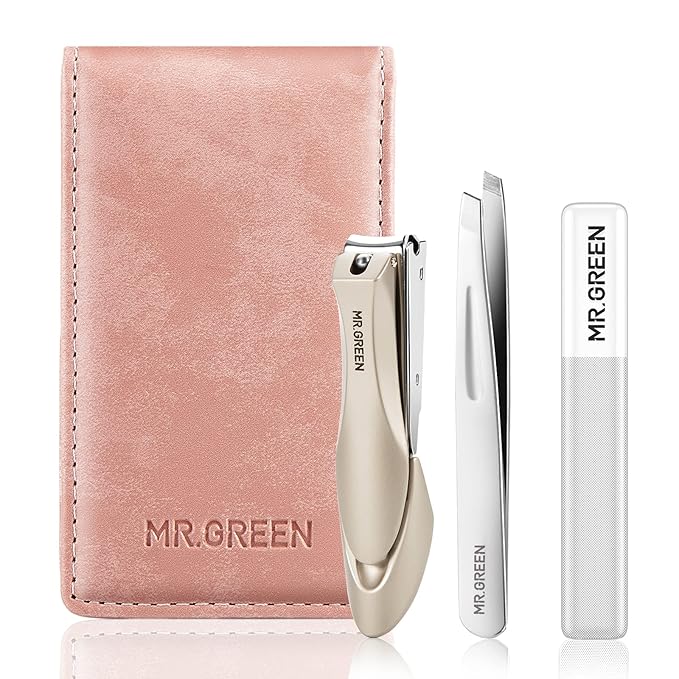 MR.GREEN Nail Clipper 3Pcs Set, Stainless Steel Manicure Pedicure Set with Nail Clippers, Glass Nail File & Tweezers, Medical Grade Grooming Kit with Travel Case Gift Box for Man & Woman (Pink)-Velvo Beauty
