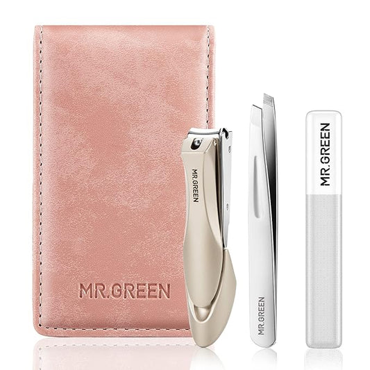 MR.GREEN Nail Clipper 3Pcs Set, Stainless Steel Manicure Pedicure Set with Nail Clippers, Glass Nail File & Tweezers, Medical Grade Grooming Kit with Travel Case Gift Box for Man & Woman (Pink)-Velvo Beauty