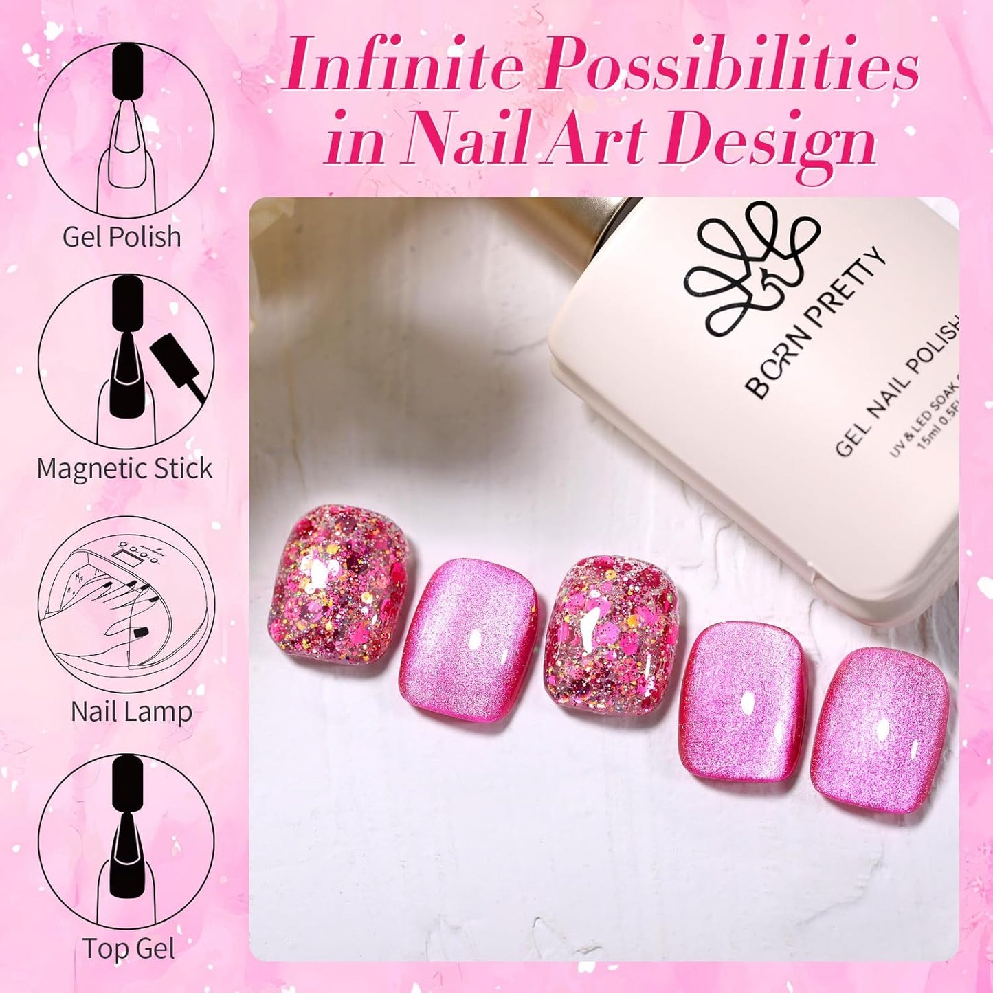 Born Pretty Magnetic Gel Nail Polish Hot Pink Cat Magnetic Eye Gel Polish Holographic Cats Shiny Glitter Nail Gel for Salon Home DIY Manicure Use-Velvo Beauty