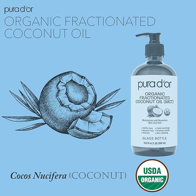 PURA D'OR 16.9 Oz ORGANIC Fractionated Coconut Oil MCT Oil (GLASS BOTTLE) 100% Pure & Natural USDA Certified Cold Pressed - Unscented, Hexane Free Moisturizer For Face, Skin & Hair Tonic - Men & Women-Velvo Beauty