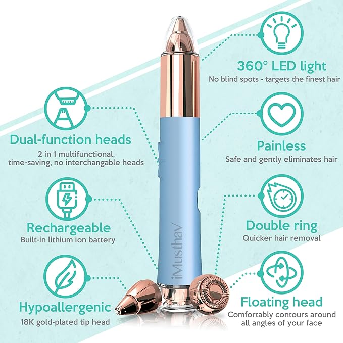 2 in 1 Flawless Eyebrow and Facial Hair Remover for Women Painless Electric Razor Epilator Trimmer Shaver with 18K Gold-Plated, USB Rechargeable, 360° LED for Eyebrow and Face Hair Removal-Velvo Beauty