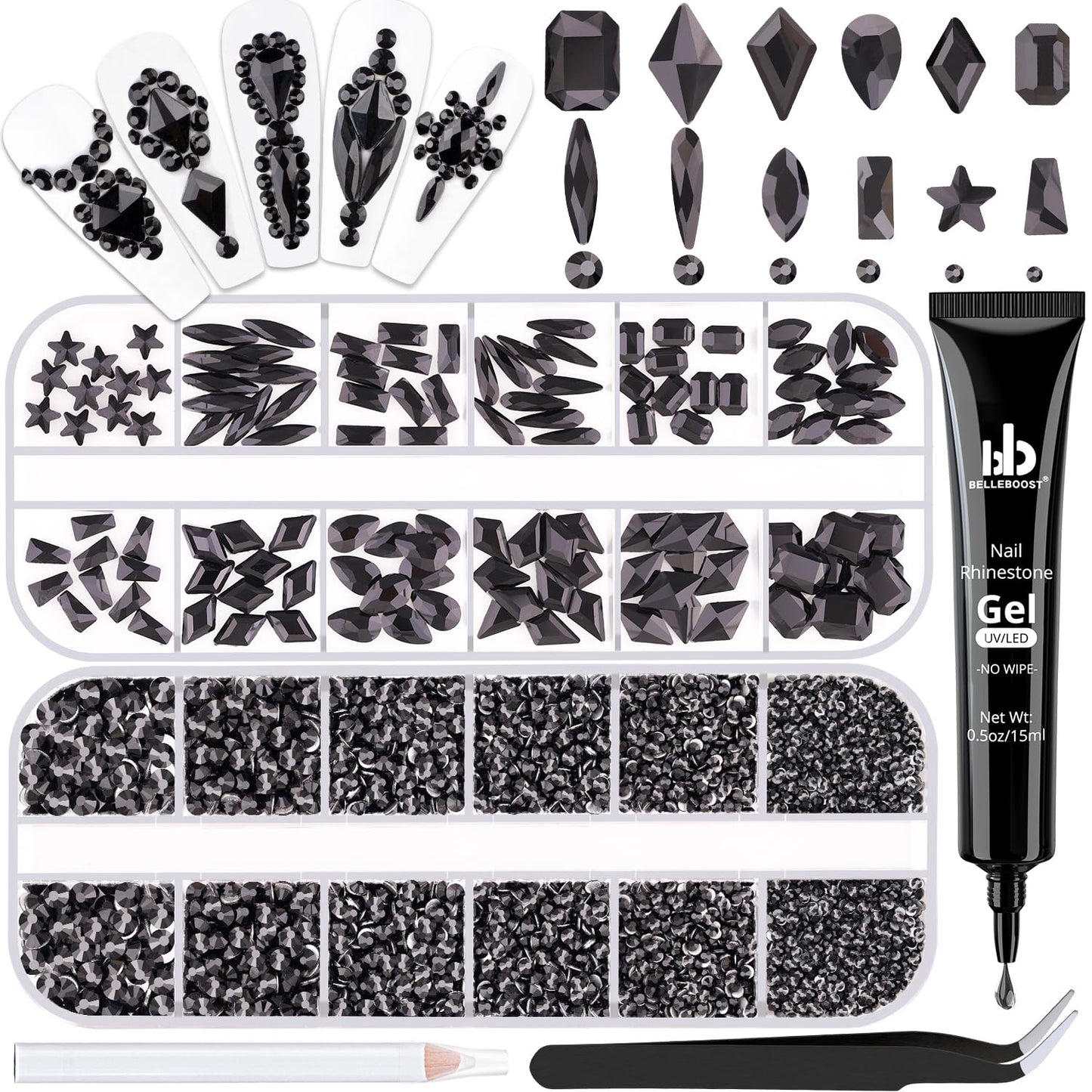 3220Pcs Black Glass Nail Rhinestones 120Pcs Multi Shapes Flatback Nail Gems + 3100Pcs 1.5-4mm Round Crystal with Rhinestones Glue Gel, Manicure Nail Charms Diamond Gemstones for Nail Art-Velvo Beauty