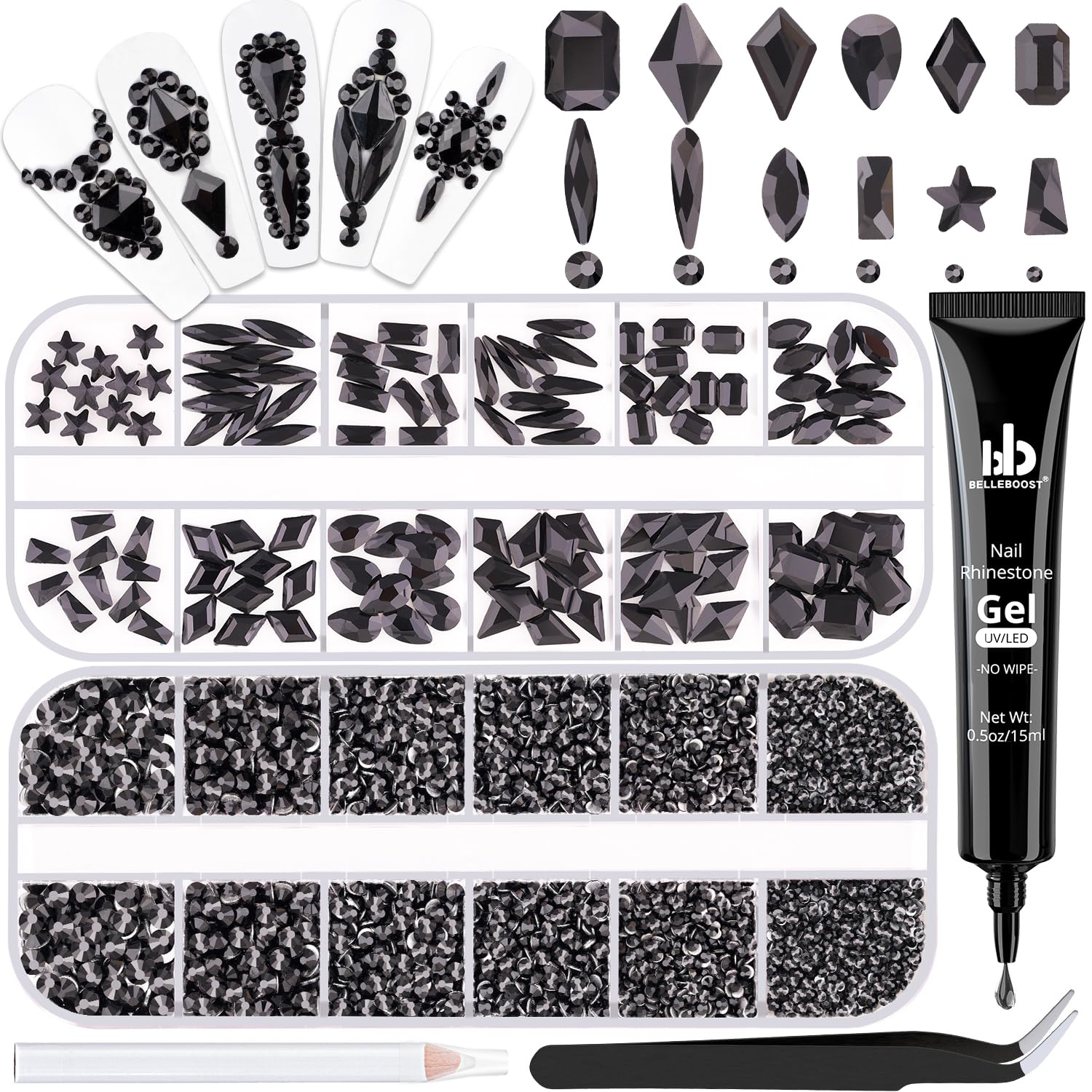 3220Pcs Black Glass Nail Rhinestones 120Pcs Multi Shapes Flatback Nail Gems + 3100Pcs 1.5-4mm Round Crystal with Rhinestones Glue Gel, Manicure Nail Charms Diamond Gemstones for Nail Art-Velvo Beauty