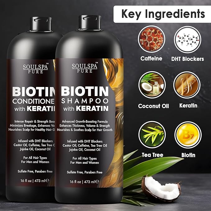 Biotin Shampoo and Conditioner Set with Keratin - Sulfate-Free Advanced Anti-Thinning, Hair Growth Shampoo and Conditioner Combo Repair Formula - with DHT Blockers, for Men & Women - 16 fl oz each-Velvo Beauty