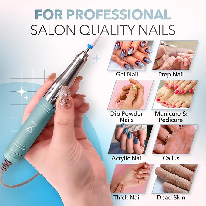 M Mase- Professional Nail Drill Machine - Coreless 2-in-1 Nail File - Electric, Cordless, 35000 RPM, HD Display - Electric Nail Drill for Professional & Home Use (Teal)-Velvo Beauty