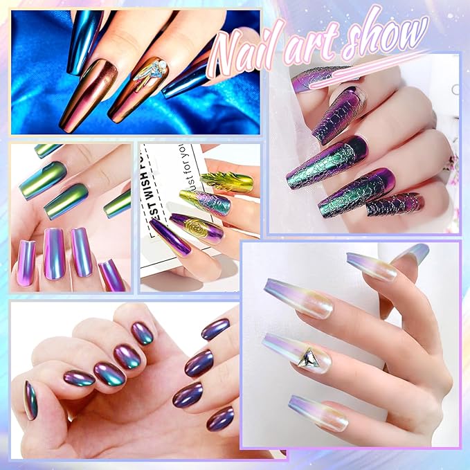 Laza Chameleon Chrome Nail Powder, 8 Colors Glazed Donut Nails Metallic Mirror Effect Pigment, Iridescent Aurora Nail Glitter Holographic Dust Kit for Gel Nail Art Decoration, Gifts - Colorful Peacock-Velvo Beauty