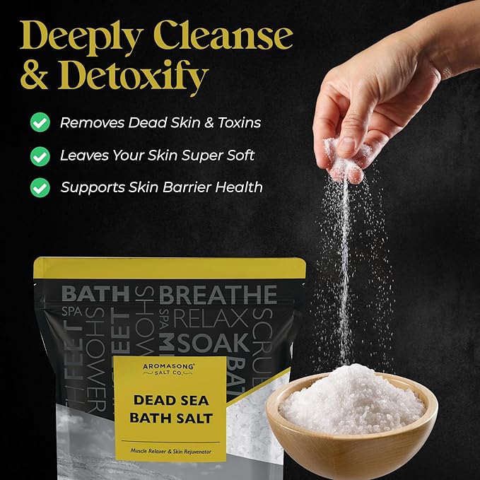 Aromasong Dead Sea Bath Salt - 100% Pure & Natural Dead Sea Salts for Soaking Fine Grain 5 LB - Bulk Resealable Pack (Packaging May Vary) Used for Body wash Scrub - Soak for Women & Men.-Velvo Beauty