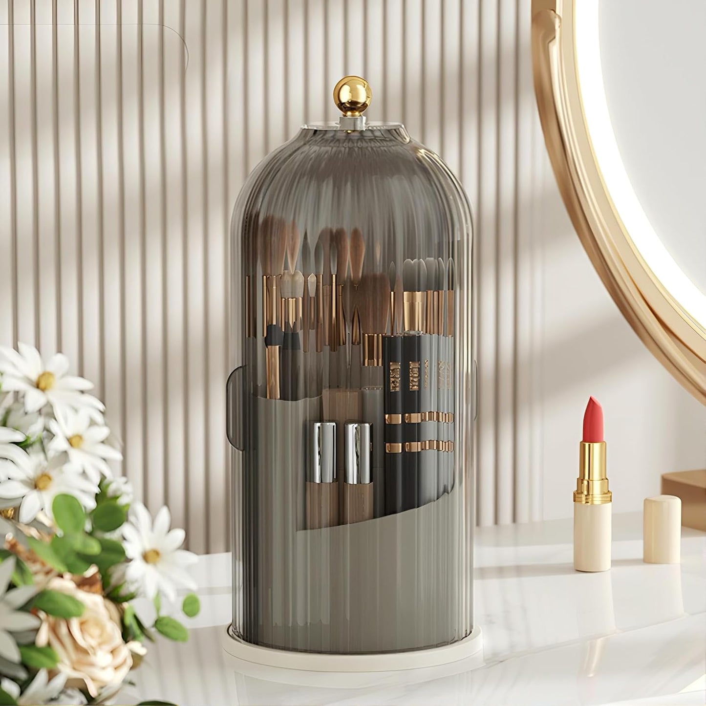 B-H1 Makeup Brush Holder with Dustproof Cover 360 Rotating Makeup Brushes Organizer for Vanity Desktop Bathroom (Gray)-Velvo Beauty