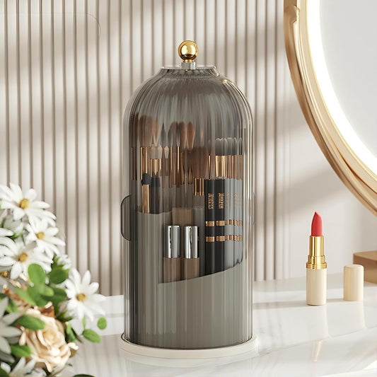 B-H1 Makeup Brush Holder with Dustproof Cover 360 Rotating Makeup Brushes Organizer for Vanity Desktop Bathroom (Gray)-Velvo Beauty