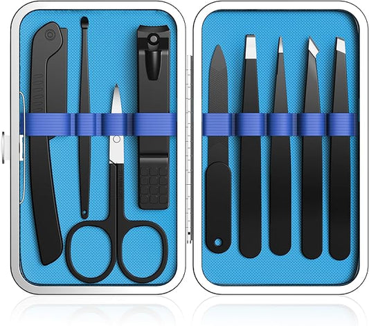 Yougai Tweezers Set and Nail Clipper, Tweezers Set for Men/Women, 9PCS Professional Stainless Steel Tweezers Kit with Leather Travel Case-Velvo Beauty